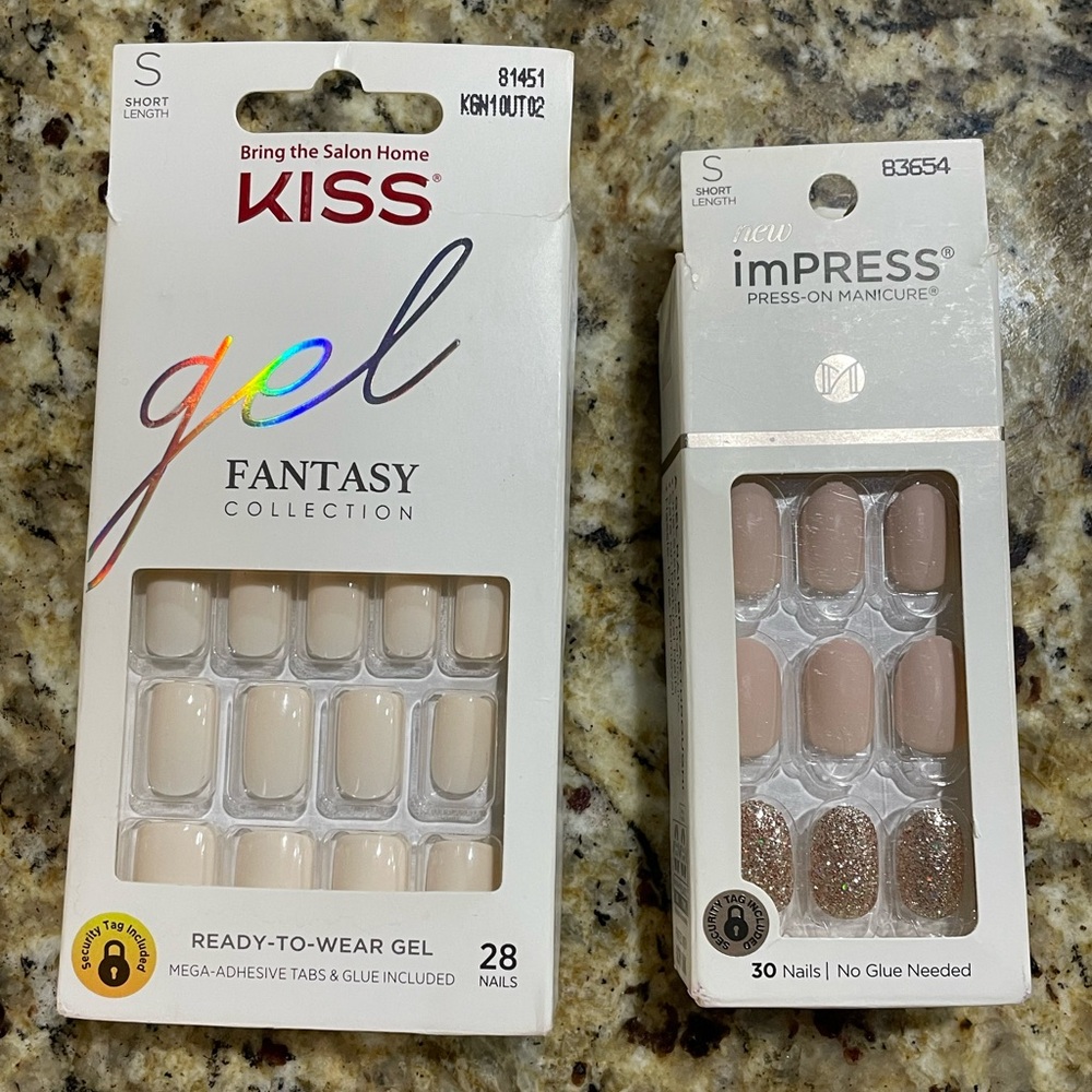 Press-on Fake Nails Short Square Short Almond Nude Gold Glitter Lot